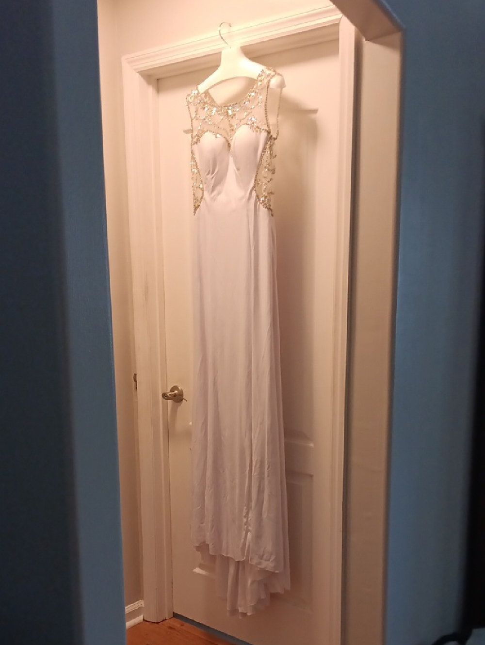 Wedding Dress, Elegant White Evening Gown with Beaded Illusion Bodice, Size 12